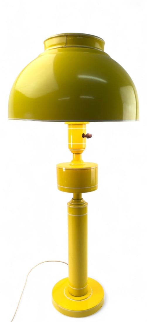 MCM Yellow Enameled Metal Mushroom Table Lamp: Mid-Century Modern style table lamp featuring a vibrant yellow enameled metal body and a mushroom-shaped dome shade. The design includes white pinstripe accents on the base, stem, and shade. Features