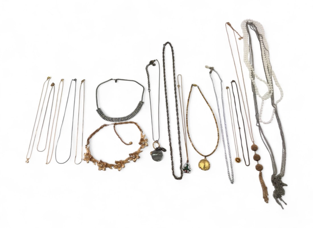 Citation and Assorted Fashion Necklace Lot: A diverse collection of fashion necklaces including a Citation brand gold-tone floral collar necklace with rhinestone accents. The lot features various styles: a rhinestone choker, a faux pearl
