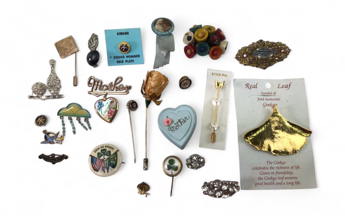 VTG Brooch and Stick Pin Lot, Ginkgo, Mother, Kiwanis (1 of 8)
