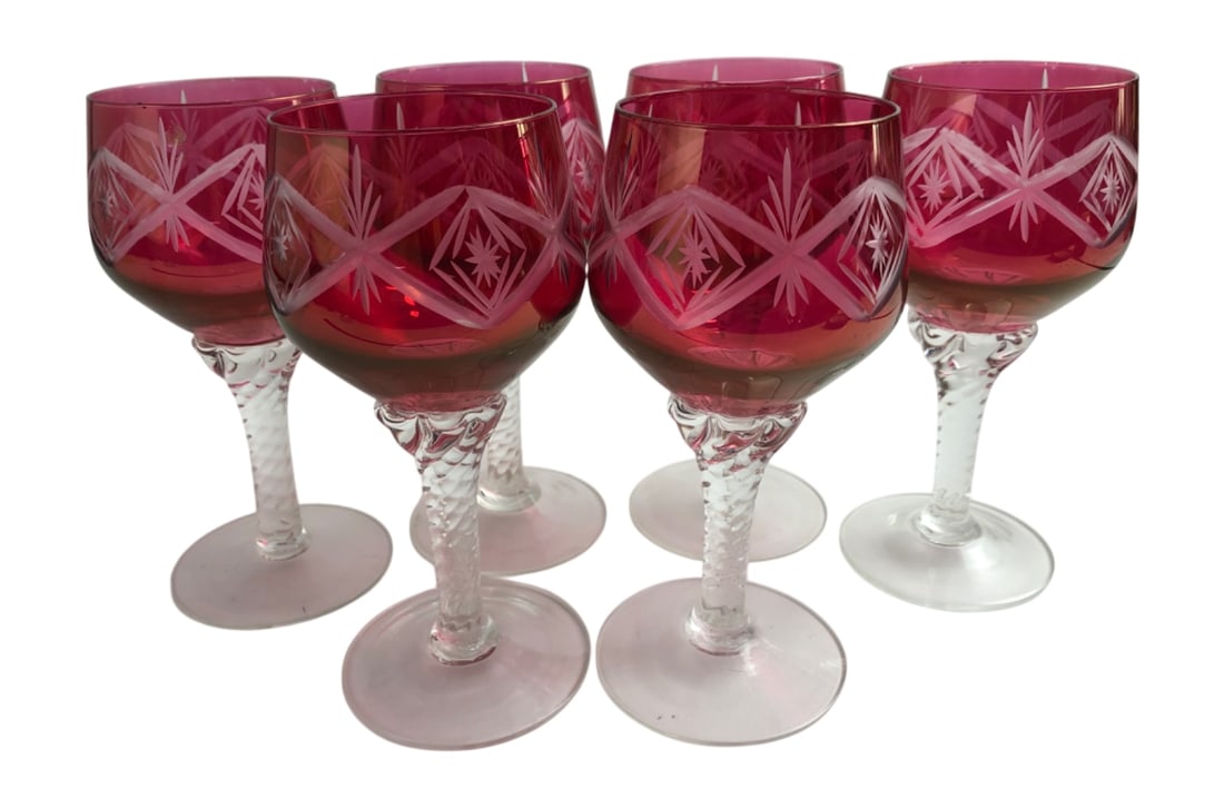 Bohemian Style Cranberry Cut-to-Clear Glass Goblets (1 of 5)