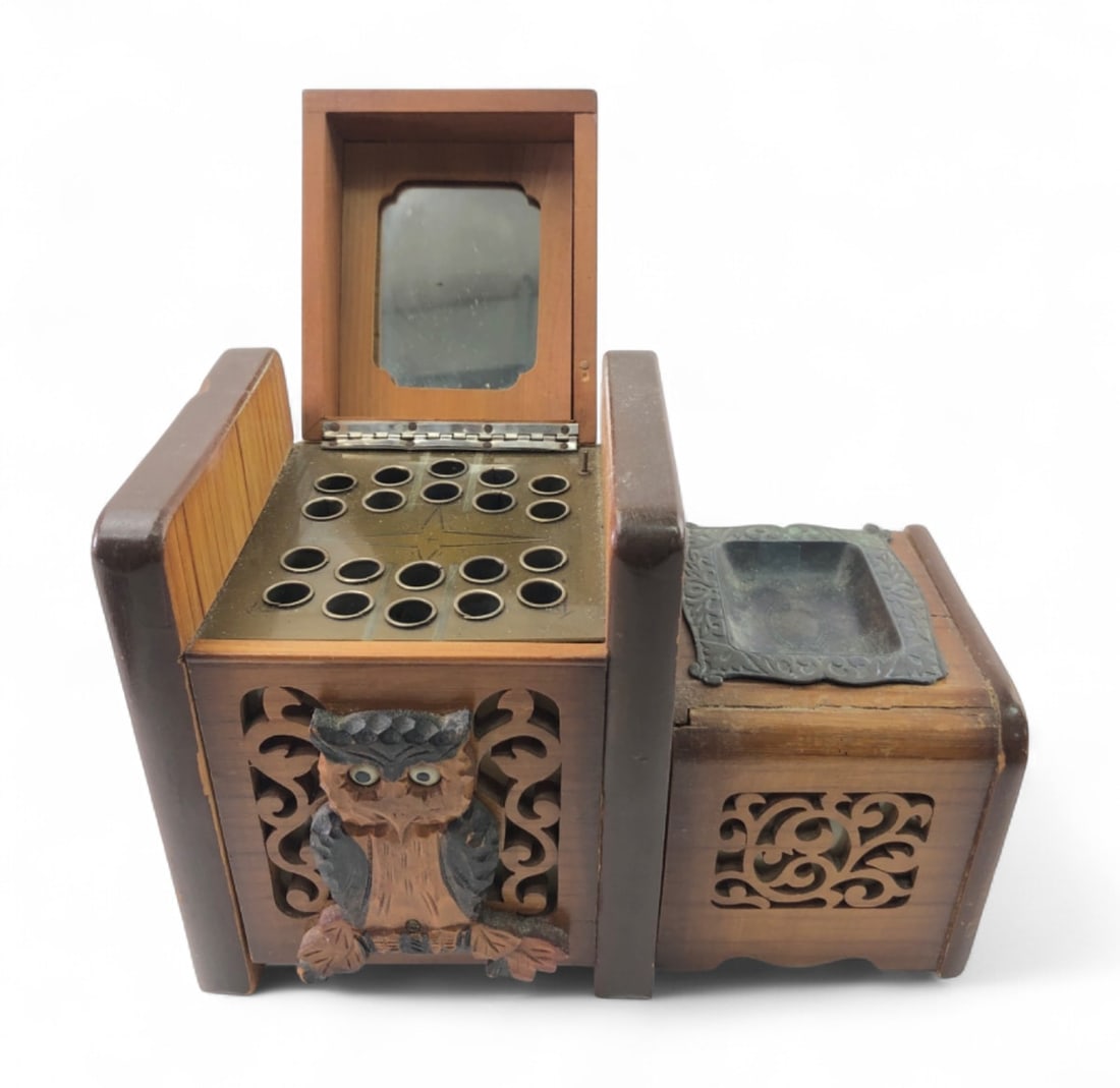 VTG Wooden Owl Music Box Cigarette Holder & Ashtray (1 of 11)