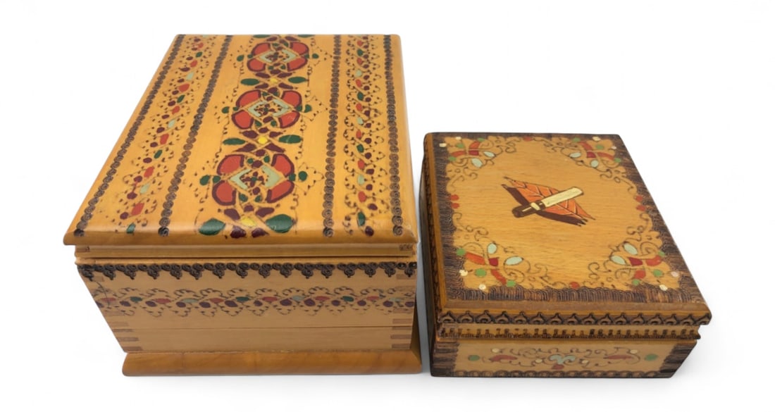 Pair of Folk Art Pyrography Wood Cigarette Boxes (1 of 8)