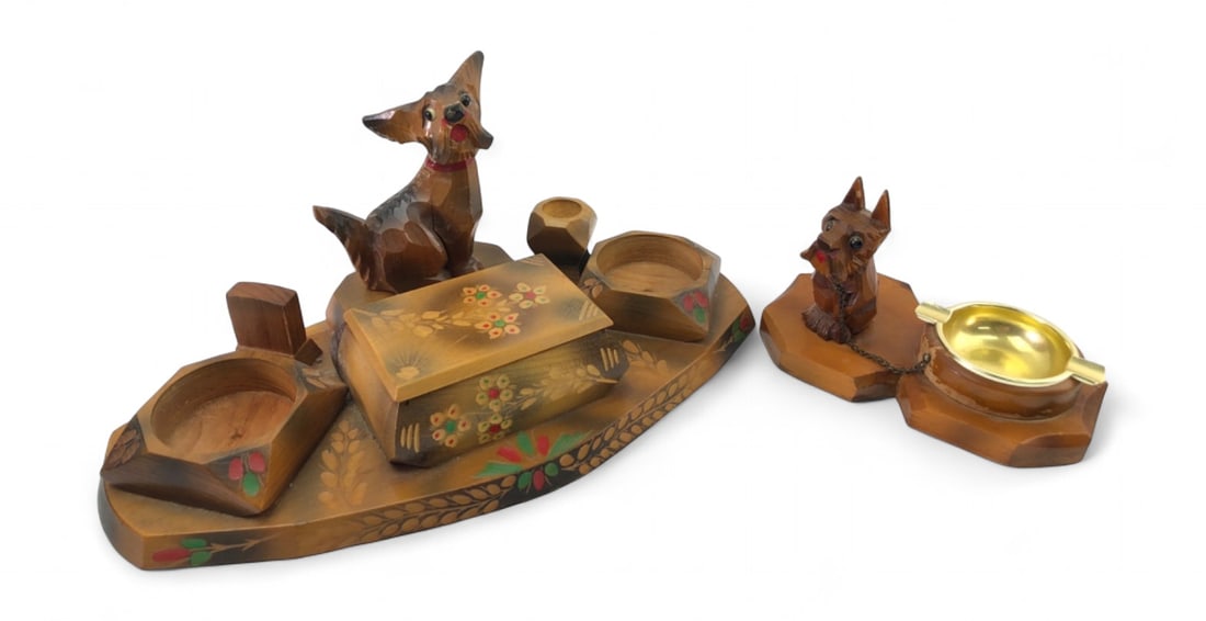 Hand Carved Wooden Dog Smoking Set and Ashtray (1 of 9)