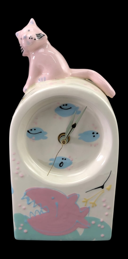 Signed Hand-Painted Ceramic Cat and Fish Mantle Clock (1 of 11)
