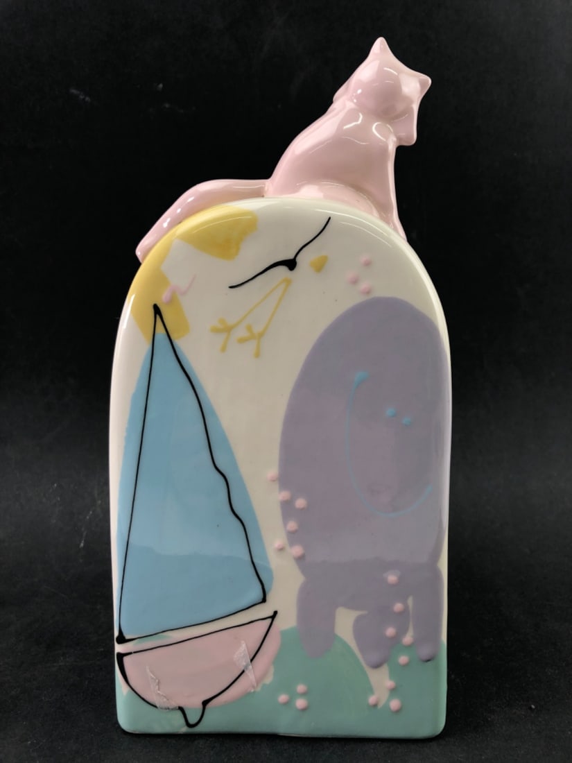 Signed Hand-Painted Ceramic Cat and Fish Mantle Clock - 4