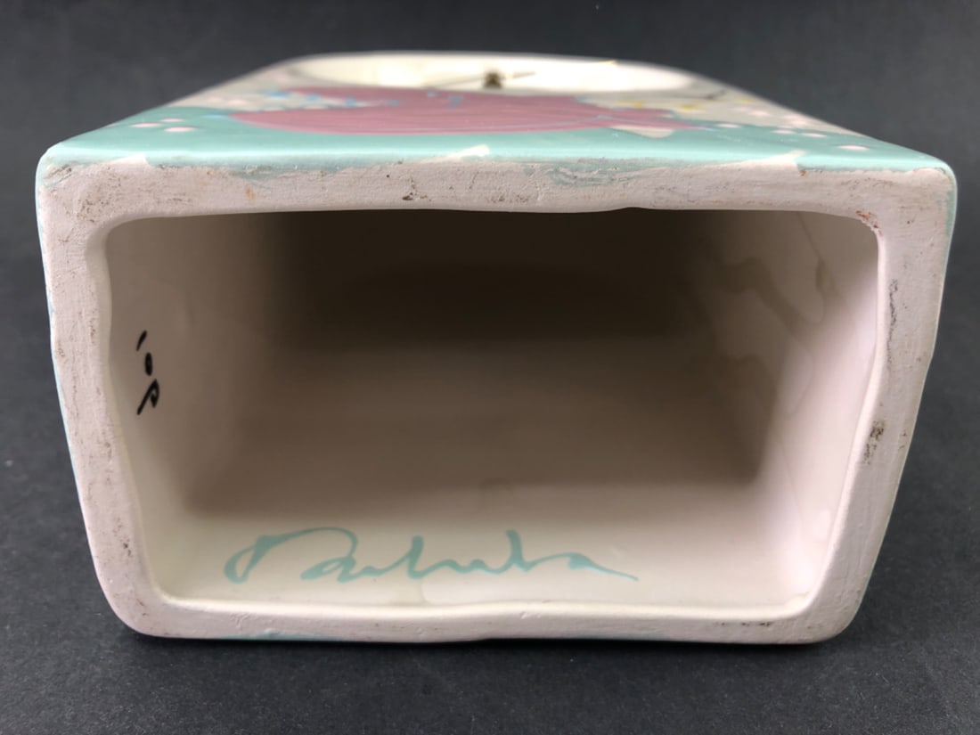 Signed Hand-Painted Ceramic Cat and Fish Mantle Clock - 6