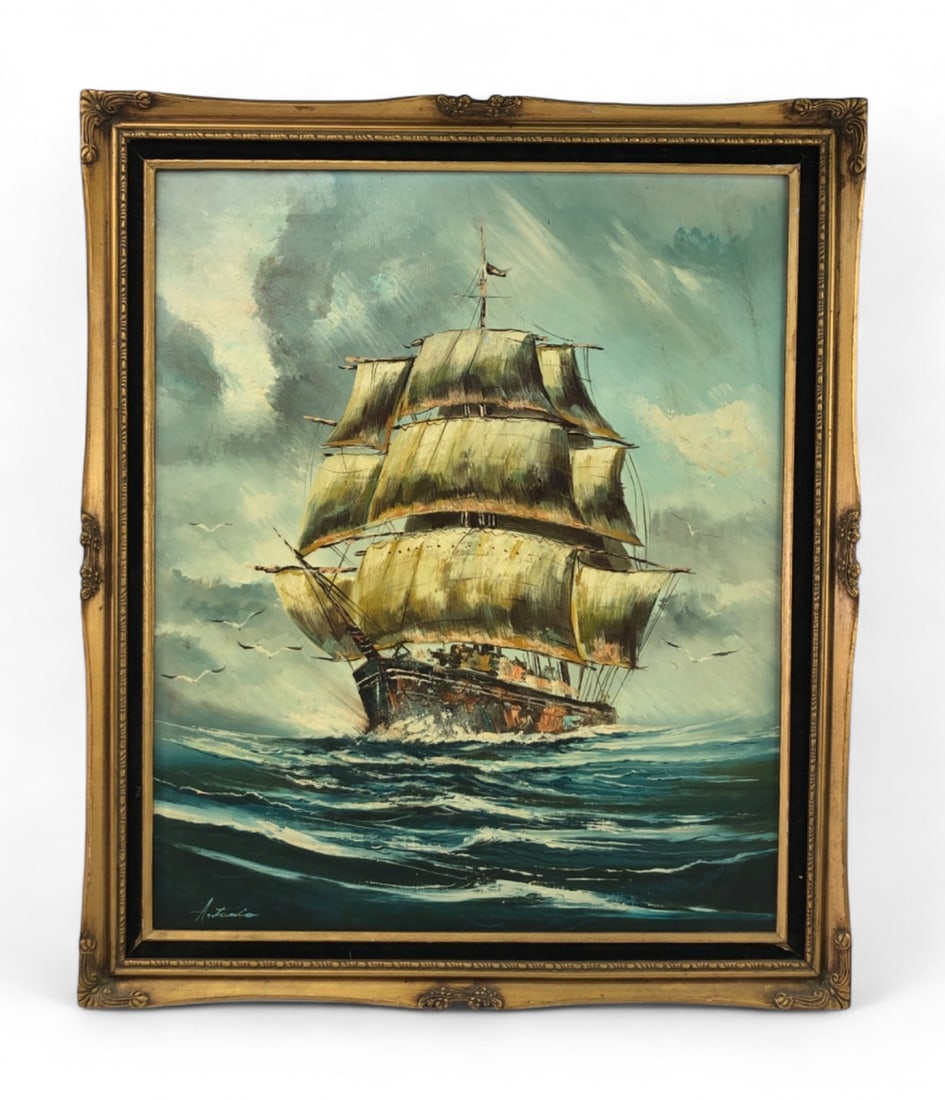 Antonio Signed Ship Oil on Canvas Painting: Oil on canvas painting depicting a multi-masted sailing ship on choppy seas, signed Antonio in the lower left. The work features impasto techniques and a palette of blues, greens, and ochre. Housed