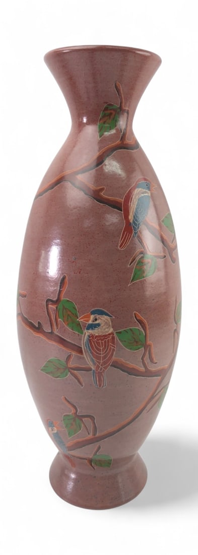 XL Nicaraguan Sgraffito Clay Vase with Bird Design: Handmade Nicaraguan earthenware vase featuring a sgraffito design of birds perched on branches with green leaves. The vessel has a speckled reddish-brown glaze with hand-painted and incised details. U
