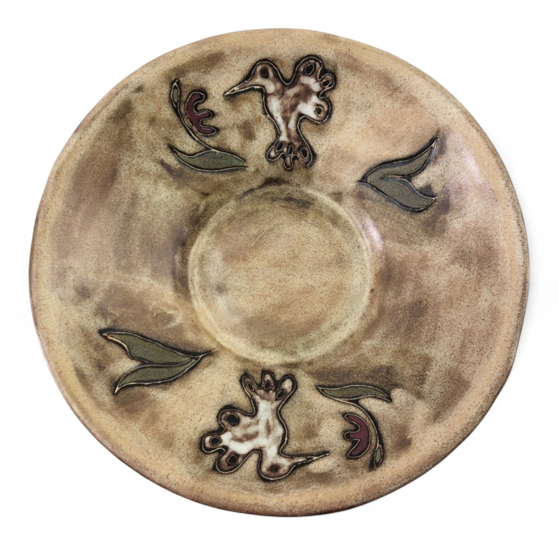 Mara Mexican Stoneware Hummingbird Bowl: Stoneware bowl featuring a hand-painted hummingbird and floral motif on a speckled tan ground with a dark brown glazed exterior. Signed on the underside "Design by Mara Mexico". 8" dia.