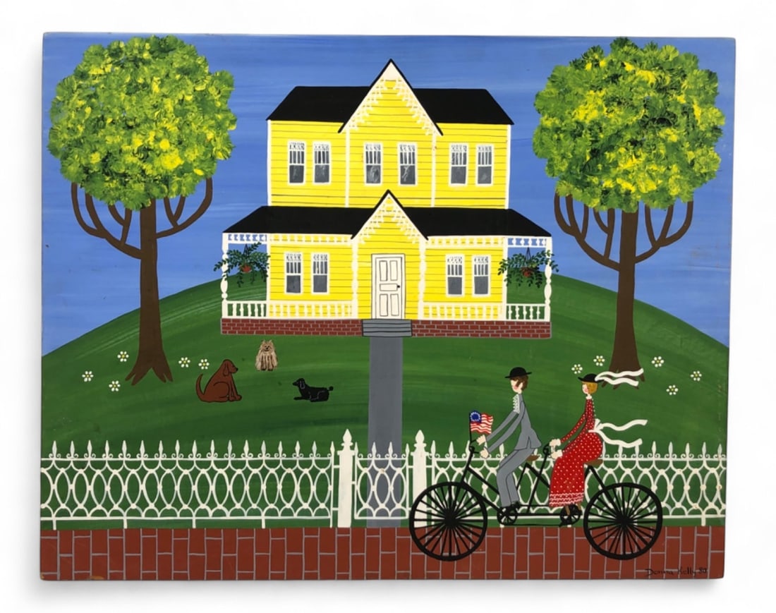 Donna Kelly Signed Folk Art Painting, 20 x 16: Folk art painting on wood panel by Donna Kelly, dated 1980. The scene depicts a yellow Victorian-style house on a hill with three dogs, a white picket fence, and a couple riding a tandem bicycle on a 