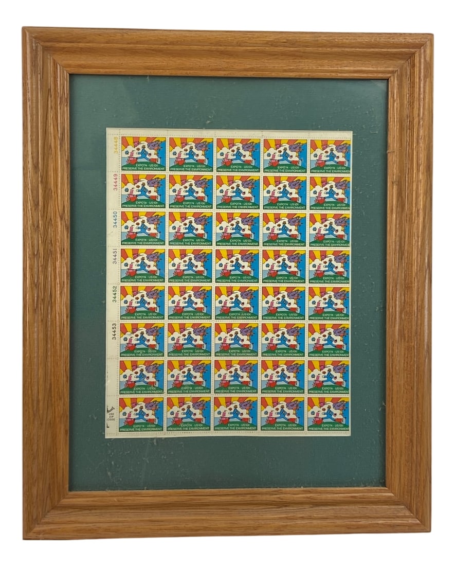 Peter Max Expo '74 Preserve the Environment Stamp Sheet: Framed full sheet of fifty 10-cent United States postage stamps featuring artwork by Peter Max. Commissioned for Expo '74 in Spokane, Washington, the design promotes environmental preservation with Ma