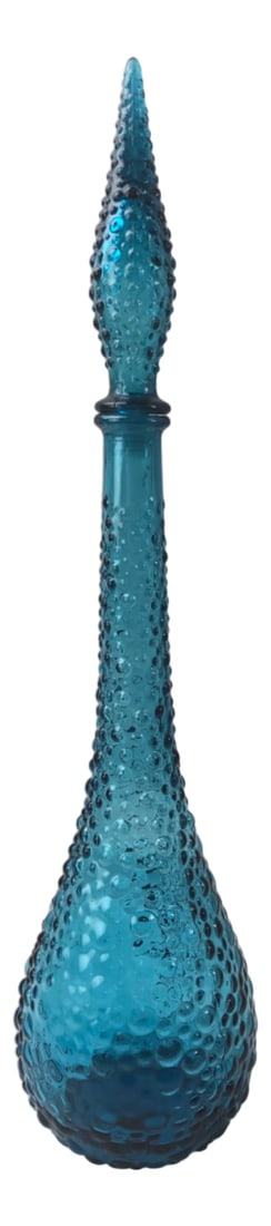 MCM Blue Empoli Style Hobnail Glass Decanter: Mid-Century Modern style tall decanter with matching stopper. Features a vibrant turquoise blue color with an all-over hobnail or bubble texture. The piece has a long, slender neck and a bulbous