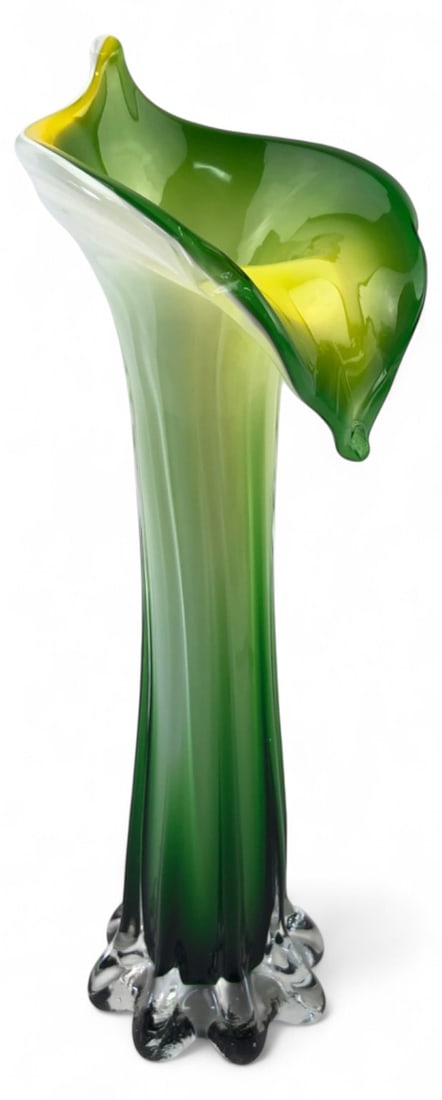 VTG Hand-Blown Jack-in-the-Pulpit Art Glass Vase: VTG hand-blown art glass vase in the Jack-in-the-Pulpit form. Features a vibrant green and yellow color palette with a white cased interior. The piece is constructed with a ribbed stem and a clear