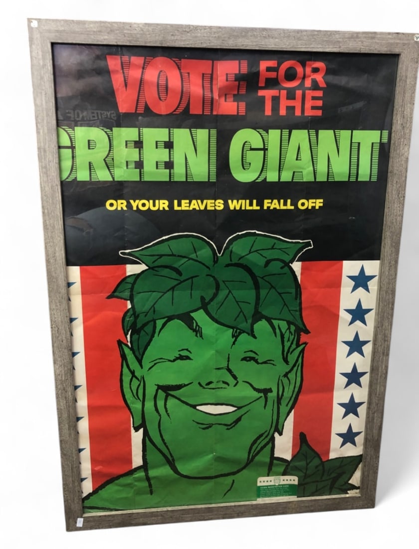 Green Giant Vote For The Green Giant Poster: Promotional advertising poster for Green Giant, featuring a political campaign theme with the slogan "Vote for the Green Giant or your leaves will fall off." The artwork depicts the Green Giant charac
