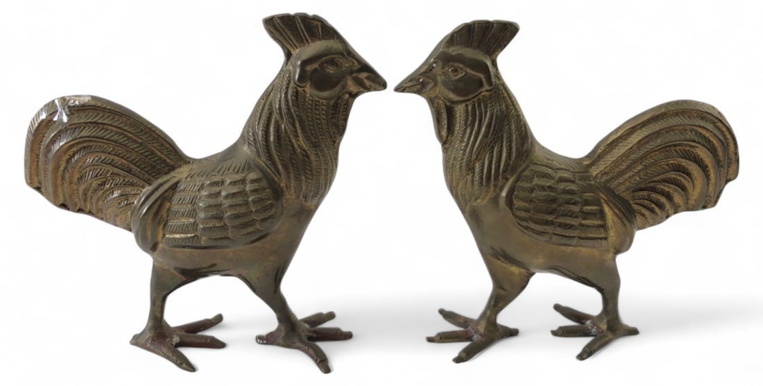 VTG Brass Rooster Figurines, Pr. 4 3/4" H (1 of 5)