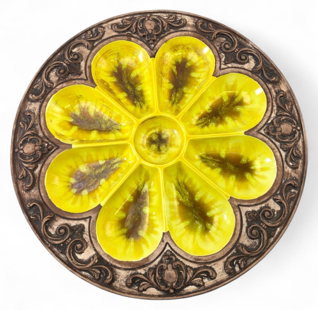 VTG Treasure Craft Ceramic Serving-Size Platter: Ceramic serving platter by Treasure Craft. Features a central well surrounded by 8 oyster-shaped wells with a yellow glazed interior and brown foliate accents. The rim and underside feature a