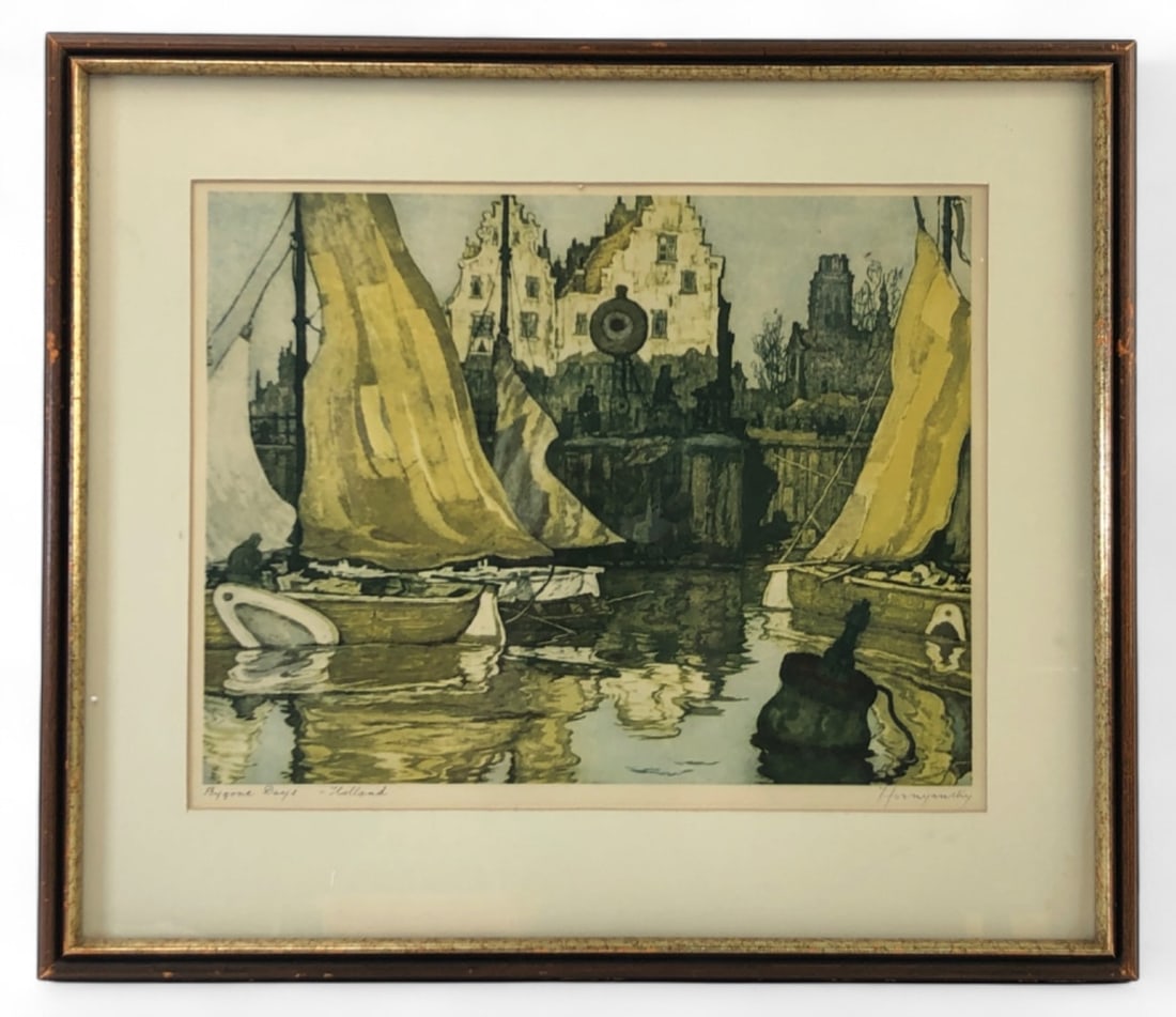 Nicholas Hornyansky Bygone Days - Holland Print: Framed color aquatint print titled 'Bygone Days - Holland' by Nicholas Hornyansky (Canadian, 1896-1965). The artwork depicts a harbor scene with sailboats and historic Dutch architecture. Signed by