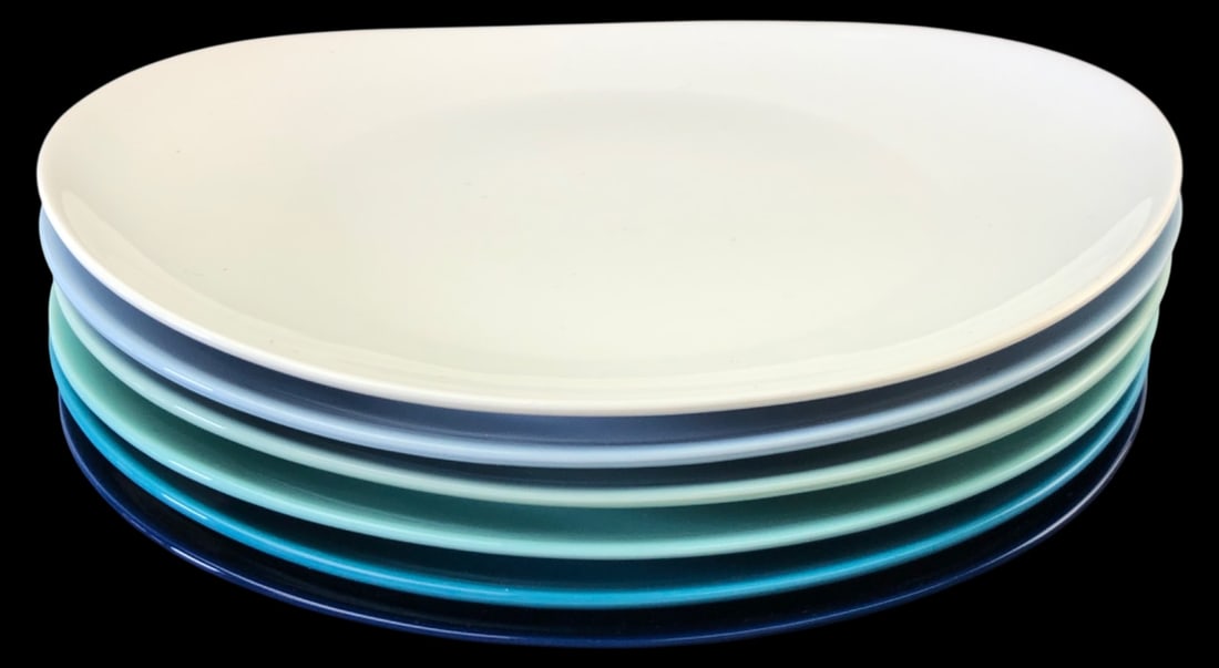 MCM Sweese Azure Dreamscape Porcelain Oval Plates: Set of six porcelain oval plates by Sweese in the Azure Dreamscape color palette, featuring a gradient of blues and greens. Mid-Century Modern style with a minimalist aesthetic. Marked on underside.