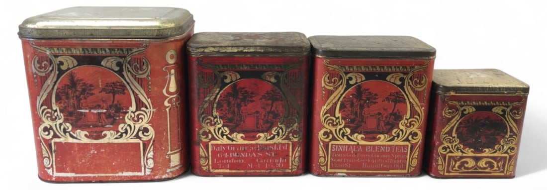 Antique Ocean Blend Tea Co. Art Nouveau Tins (4): Set of four lithographed tin tea canisters from the Ocean Blend Tea Co. featuring Art Nouveau graphics and scenic vignettes. Includes tins for Daly Grange Teas Ltd. and Sinhala Blend Teas. Tins