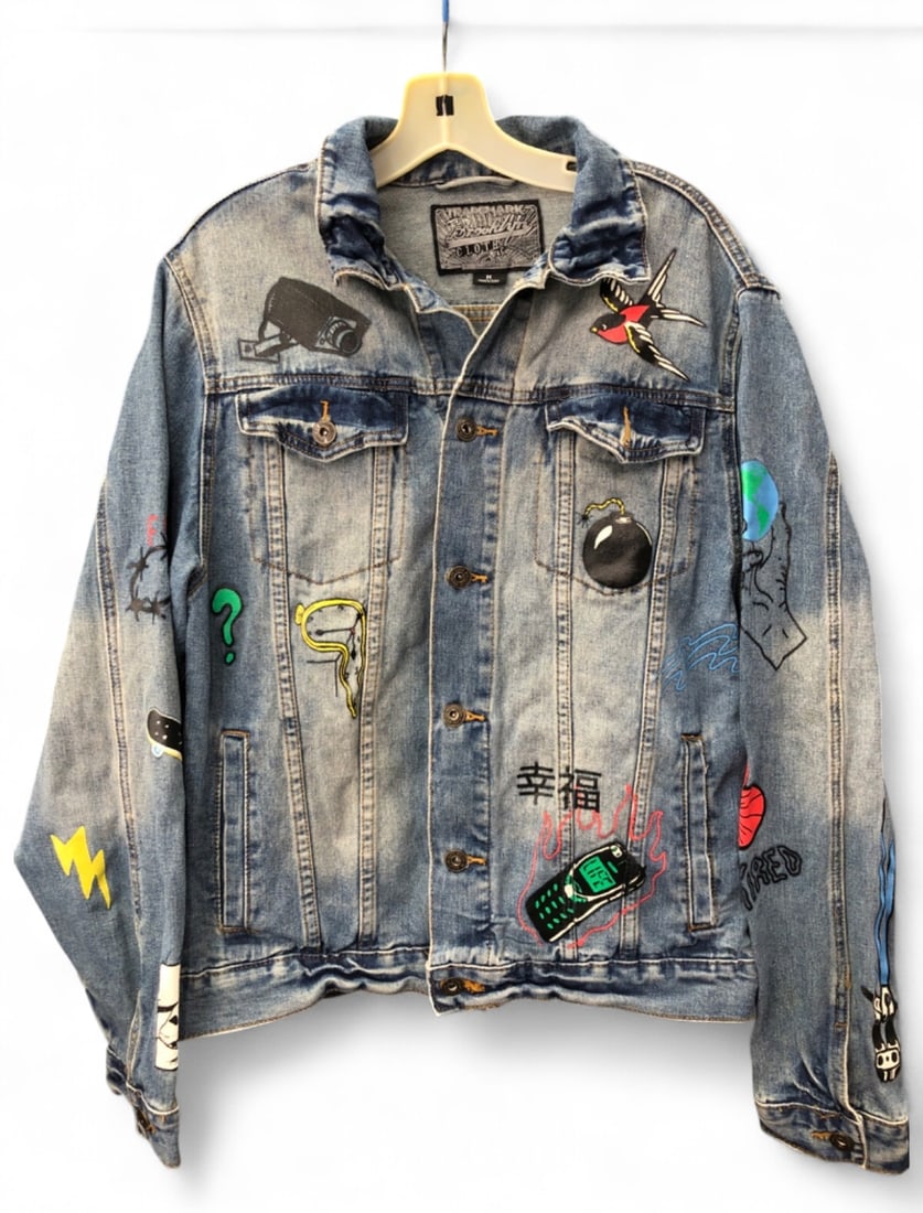 Brooklyn Cloth Hand-Painted Denim Jacket, Size M: A medium-wash denim jacket by Brooklyn Cloth featuring various hand-painted and graphic motifs. Designs include a surveillance camera, swallow, melting clock, floppy disk labeled 'Dreams', and 'No