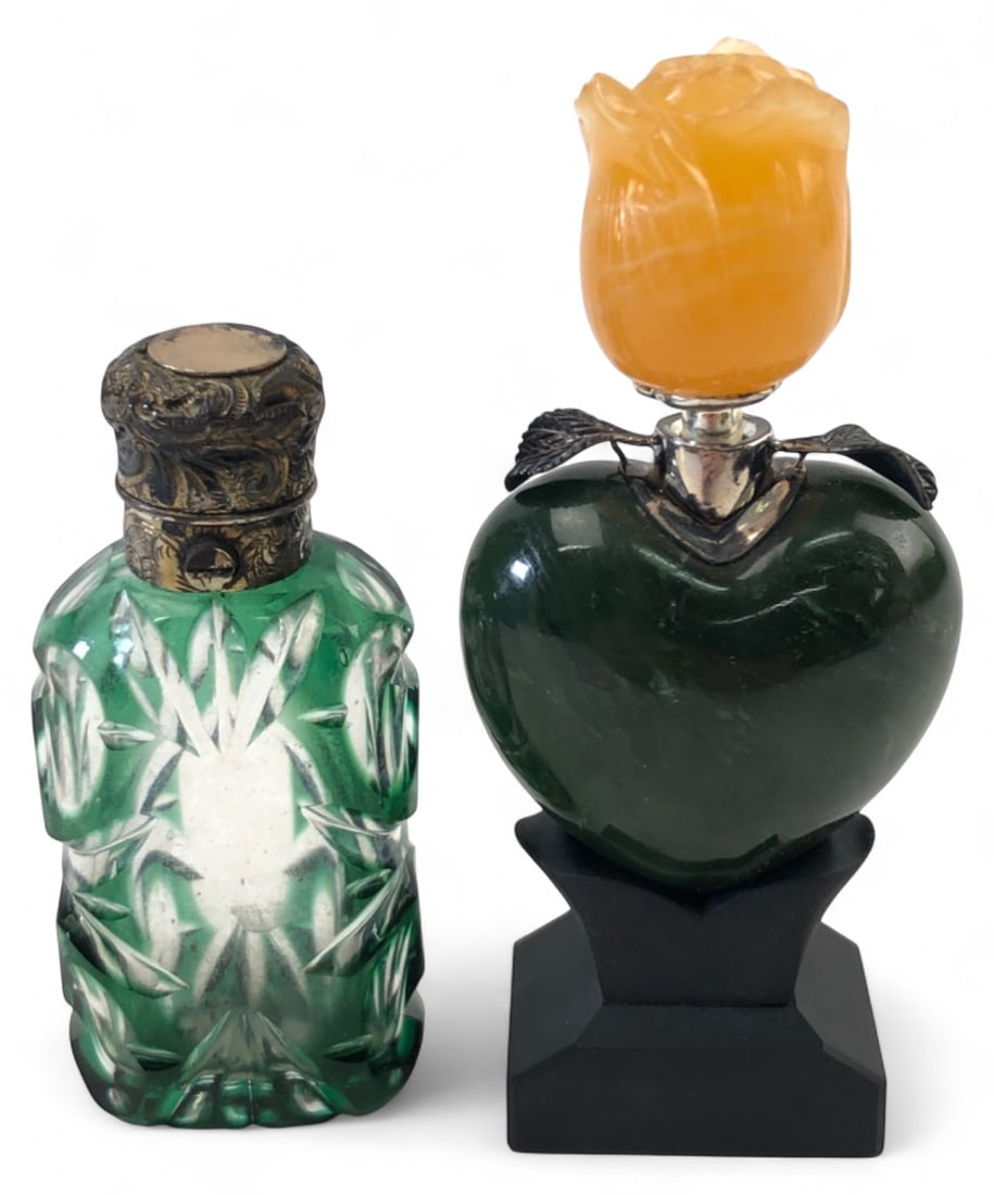 Two Decorative Perfume Bottles, Green Glass/Stone (1 of 9)