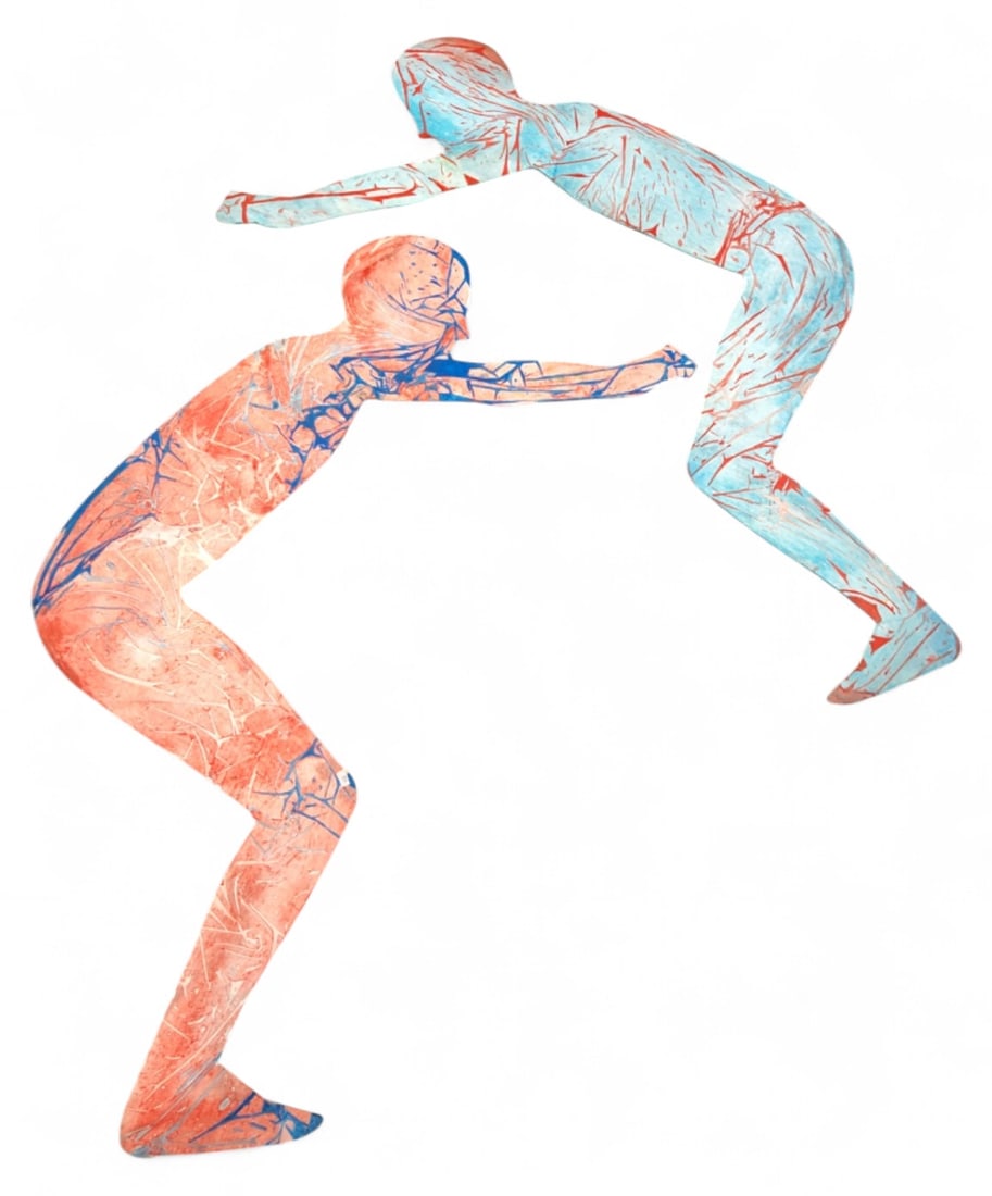 Ellen Wilt "Swimmers" Laser Cut Board Diptych: Diptych artwork titled "Swimmers" by artist Ellen Wilt. Comprising two laser-cut board figures with abstract painted designs in red, blue, and white. Unsigned. Measures approx. 49.5" long. Shows minor