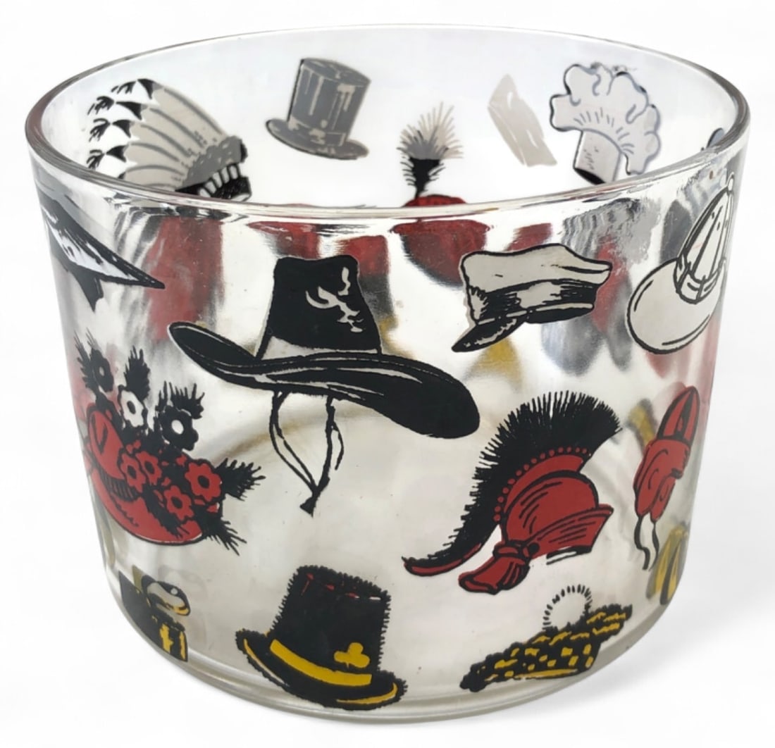 MCM Vintage Hat Motif Glass Bowl, 5.5" dia.: Mid-century modern glass bowl featuring a colorful screen-printed motif of various historical and professional hats. 5.5" dia. Unmarked. Good condition with no visible chips or cracks.