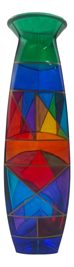 Zecchin Venice Handmade Decorated Glass Vase: A vibrant art glass vase by Zecchin, featuring a multi-colored geometric stained glass style design with gold-tone outlines. Hand-blown and decorated in Venice, Italy. The piece transitions from a gre