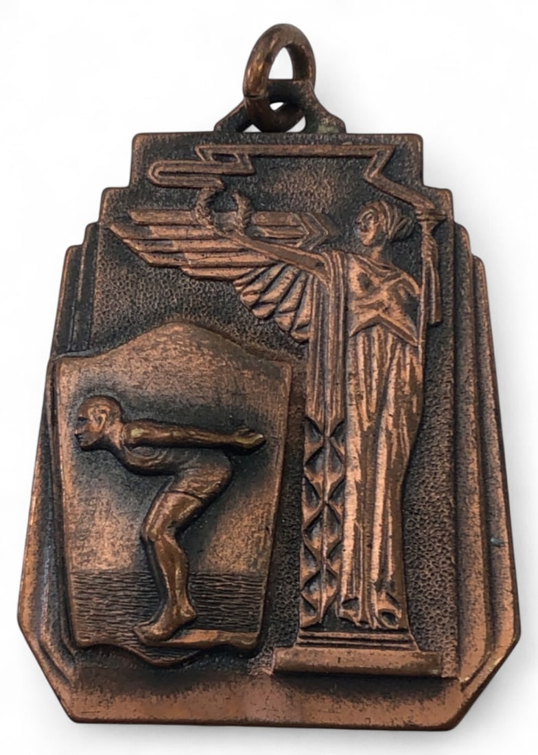 VTG 1939 Art Deco Bronze Swimming Diving Medal Winged Victory (1 of 3)