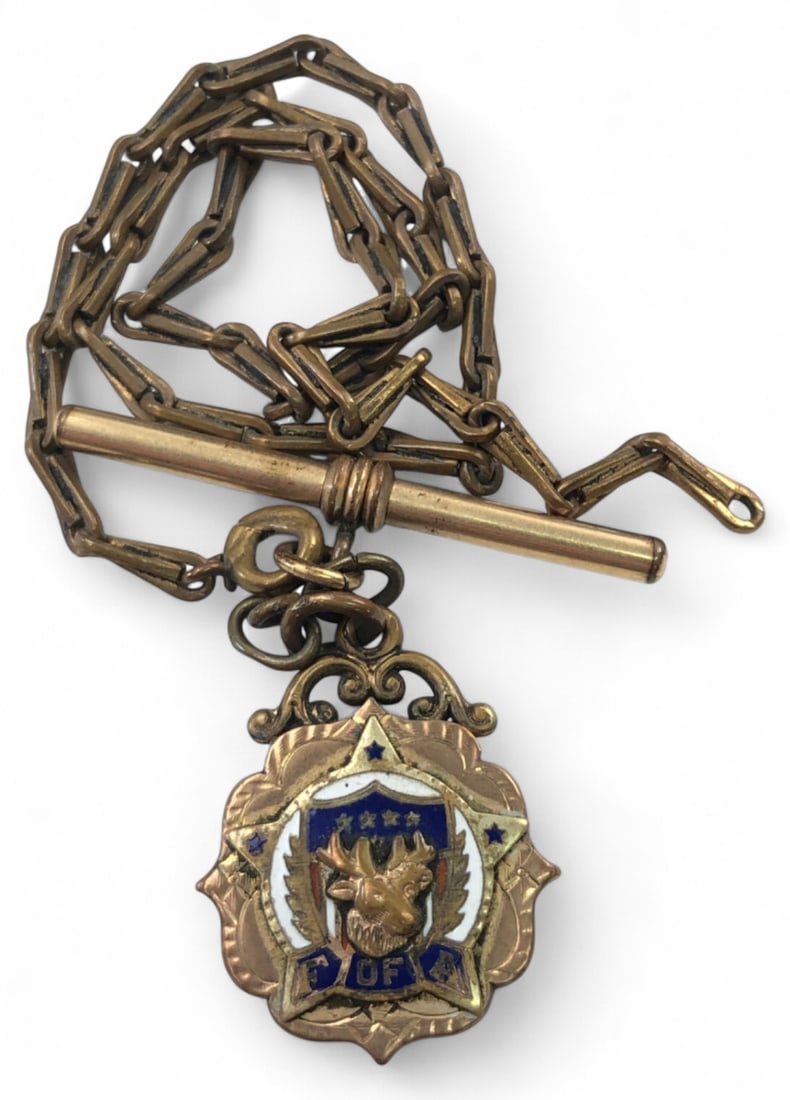 VTG Foresters of America F of A Watch Fob Chain: Antique early 1900s Foresters of America (F of A) watch fob chain. Features a brass-tone chain with a T-bar and a decorative pendant with an elk head motif, blue and white enamel, and star accents.