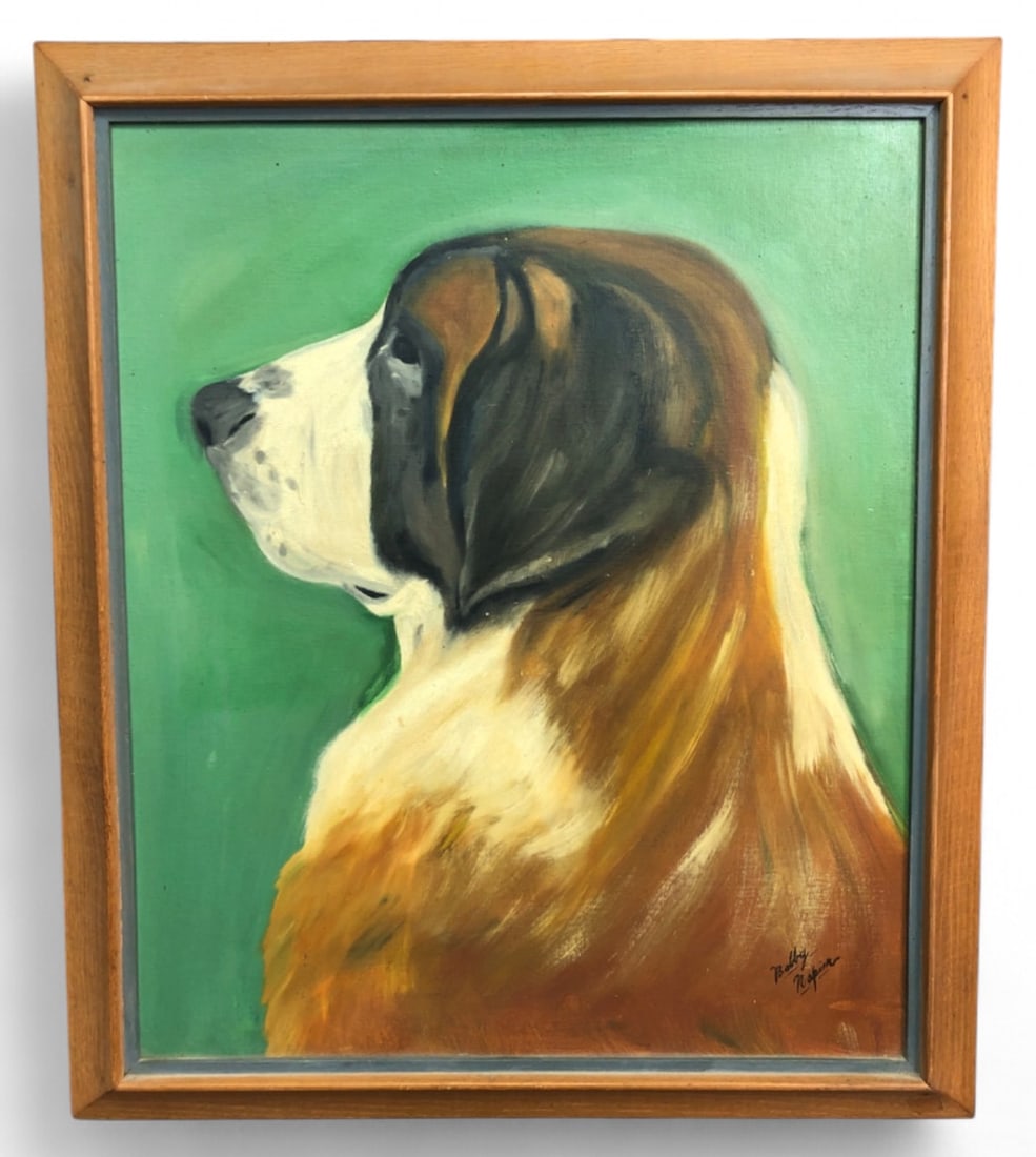 Bobby Napier Signed Saint Bernard Oil Painting: Oil on canvas panel painting depicting a Saint Bernard dog in profile against a green background. Signed 'Bobby Napier' lower right. Housed in a wood frame. Back features a Craftint Fulton Canvas