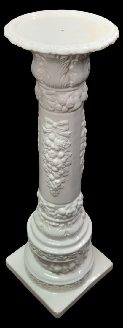 Ardalt Ceramic Baroque Style Plant Stand, 23.5" H: White ceramic plant stand by Ardalt, featuring ornate baroque-style relief molding with fruit and bow motifs. Measures 23.5" H. Marked "Hand Painted in Brazil Ardalt Inc." and "5010" on the