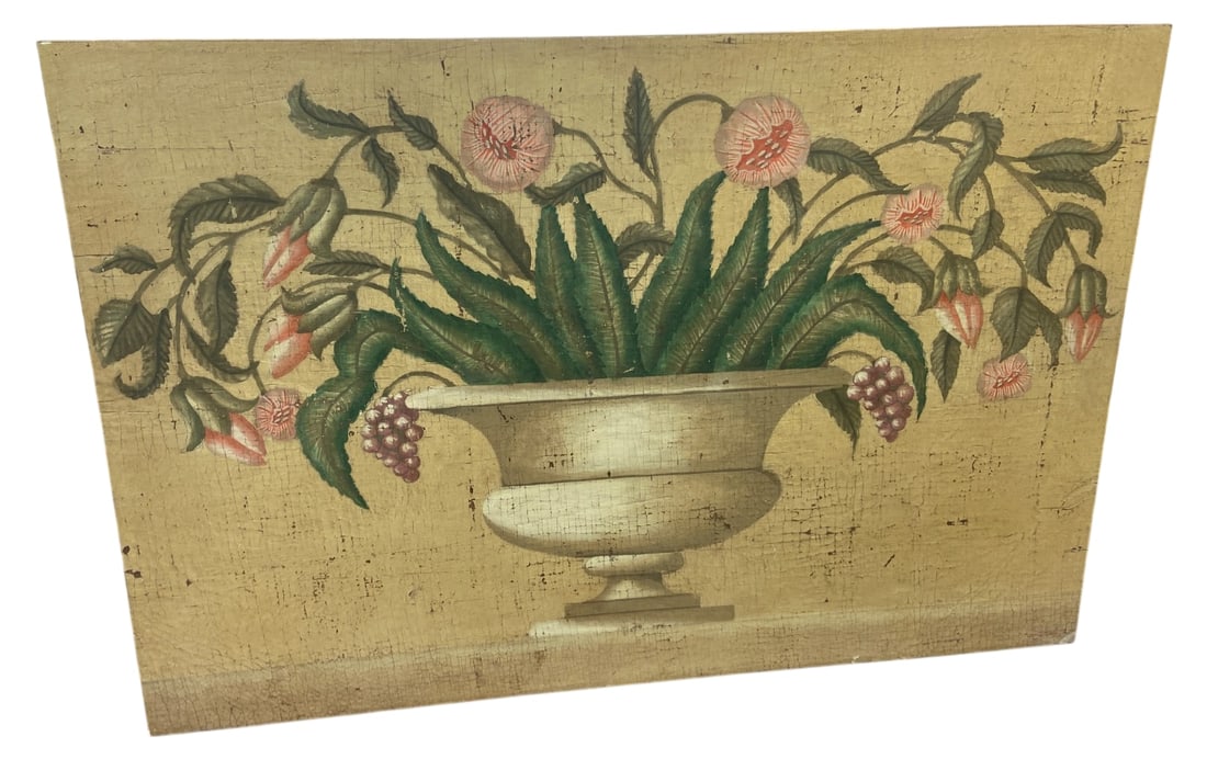 Jacques Lamy Floral Still Life on Burlap: Large hand-painted artwork on burlap by Jacques Lamy, dated 1999. Features a classical still life of a floral arrangement in a footed urn with grapes. The piece is executed in a folk art style with a