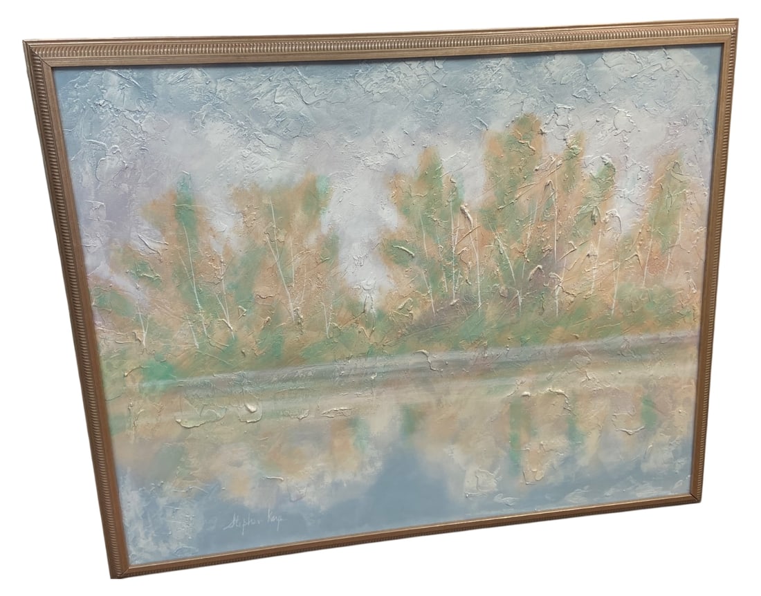 Stephen Kaye Signed Abstract Landscape Oil on Canvas: Large-scale abstract landscape painting, oil on canvas, signed by Stephen Kaye in the lower left. The work features a textured, impasto surface with a soft palette of greens, tans, and blues