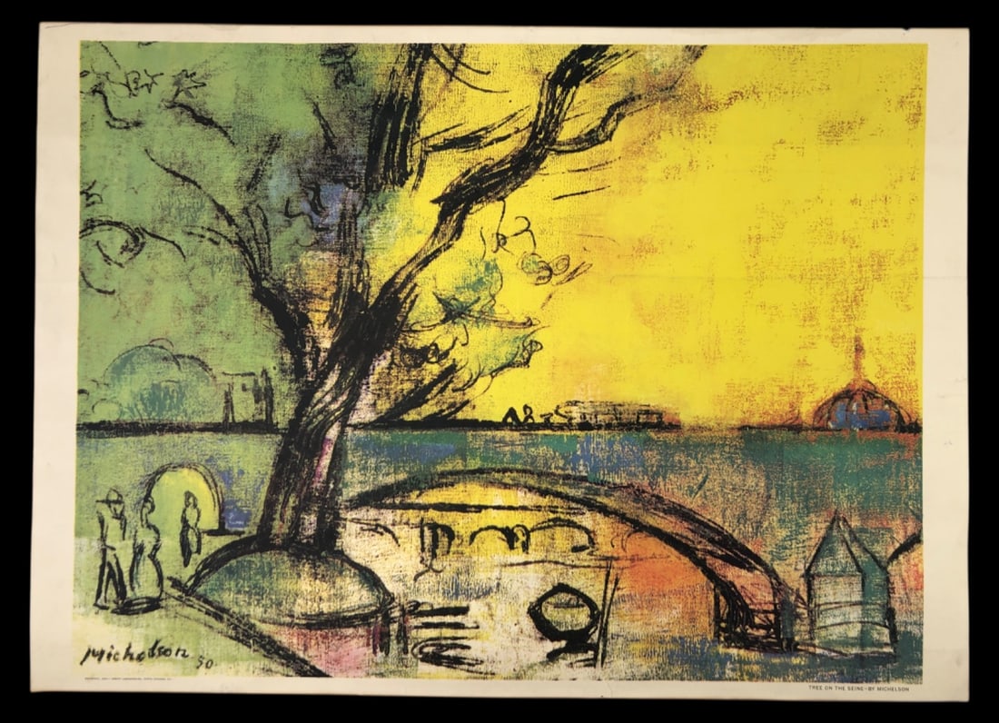 1952 Leo Michelson “Tree On The Seine?? Print: 1952 color print titled "Tree On The Seine" by Leo Michelson (1887-1978), published by Abbott Laboratories. Features a post-impressionist landscape with a tree, bridge, and figures. Marked with