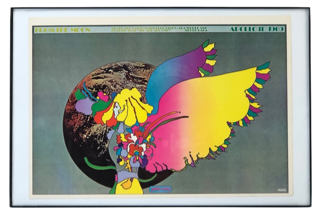1970 Peter Max Apollo 11 Moon Landing Poster 18x12": Framed Peter Max Apollo 11 Moon Landing poster, 18x12". Features psychedelic winged figure, moon background, and quote by Meher Baba. Marked "peter max" and "Moon Landing 1". Housed in a black MCS