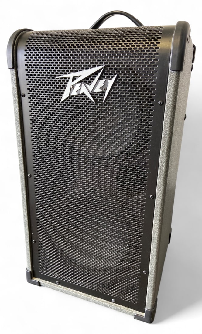 Peavey MAX 208 Bass Amplifier: Peavey MAX 208 bass amplifier. Features grey textured covering, black metal grille, 3-band EQ with Overdrive, Contour, Mid Shift, Bright, and Kosmos-C switches. Back panel includes FX loop, DI