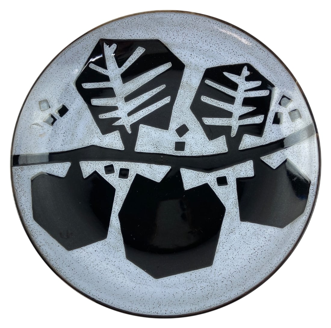 Torayama Kiln Abstract Modern Platter 13.5": Torayama Kiln ceramic platter featuring a bold abstract modern design in black over a speckled light blue-grey glaze. The reverse is finished in a solid black glaze with an unglazed foot ring.