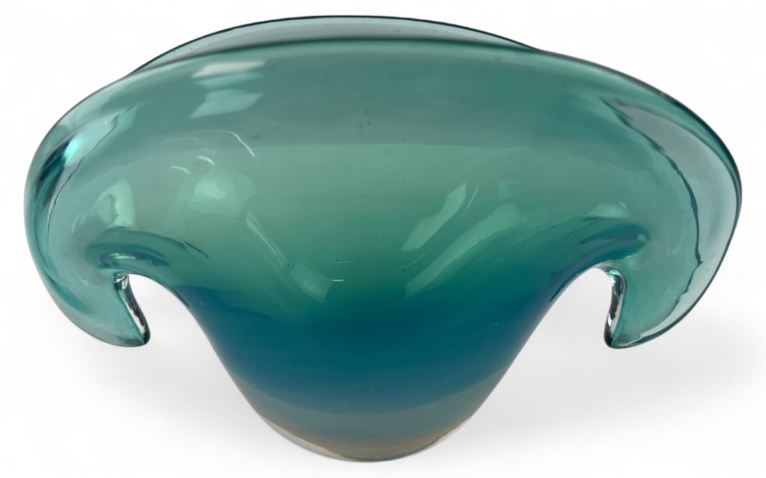 Murano attributed Art Glass Organic Form Bowl: Murano attributed art glass bowl featuring an organic, folded-wing form. Hand-blown glass with a graduated color transition from deep blue at the base to light teal at the rim. Excellent condition wit