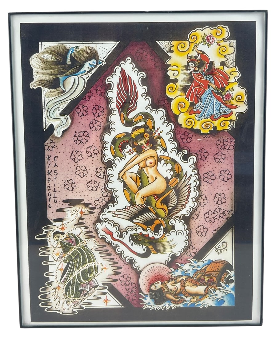 Rare Kike Castillo Signed Tattoo Flash Art Print: Original traditional Japanese style tattoo flash art by Kike Castillo. Features multiple figures including a woman riding a mythical bird, a yurei, and a demon against a cherry blossom background. Sig