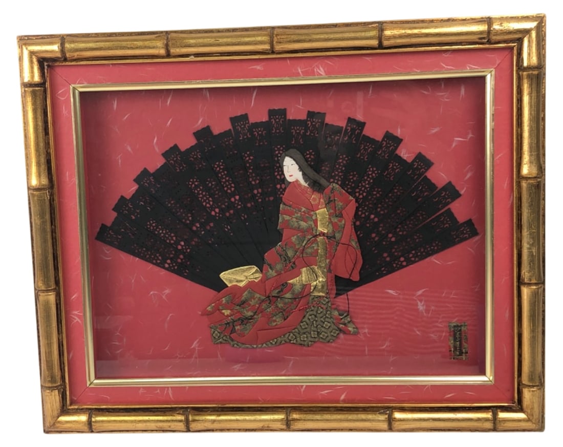 JGS Paper Expressions 3D Japanese Art: Framed 3D mixed media paper art by JGS Paper Expressions (Joan Sato), featuring a Japanese figure in a kimono against a black fan on a textured red background. Housed in a gold-toned bamboo-style