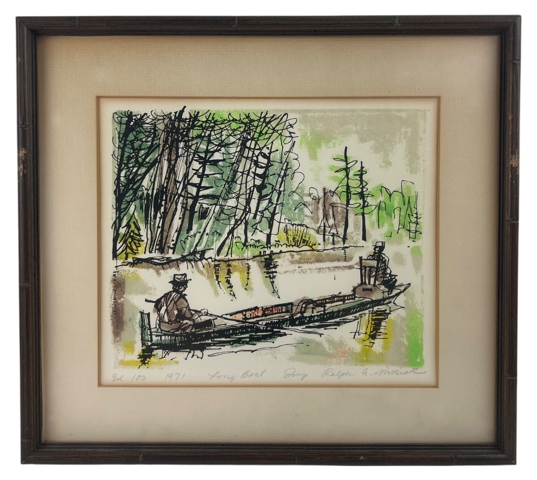 1971 Ralph Misiak Signed Limited Edition Serigraph: Framed limited edition pen and ink serigraph titled "Long Boat" by noted Michigan artist Ralph Misiak (American, 1930-1985). Depicts figures in an Au Sable riverboat. Pencil signed, titled, dated