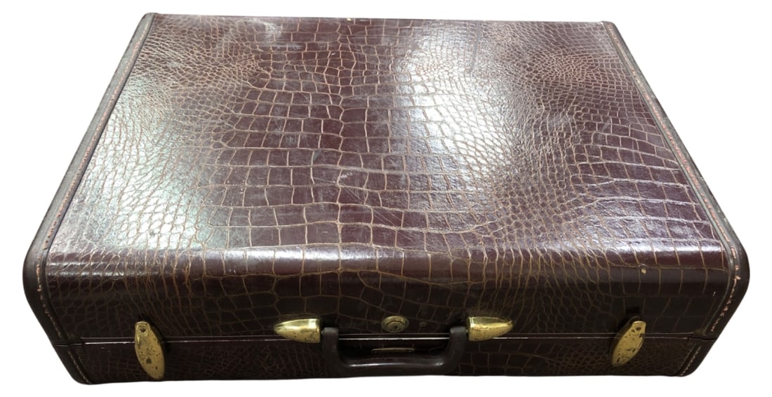 Vintage Samsonite Shwayder Brothers faux alligator leather suitcase: Samsonite hard shell suitcase, style 4135, made by Shwayder Bros., Inc., Denver. Features a brown faux alligator textured exterior, brass-tone hardware, and a fabric-lined interior with a tie-down