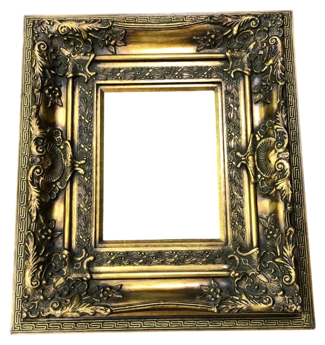 Ornate Gold Tone Picture Frame 29x33": Ornate gold-tone picture frame featuring high-relief floral, scroll, and shell motifs with a Greek key outer border. Constructed of wood with molded composite detailing. Back is painted black with wir