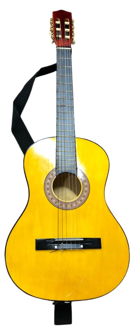Unmarked Classical Acoustic Guitar: Classical acoustic guitar featuring a yellow-finished top, reddish-brown back and sides, and a slotted headstock with lyre-motif open-gear tuners. Unmarked, likely an entry-level student model.