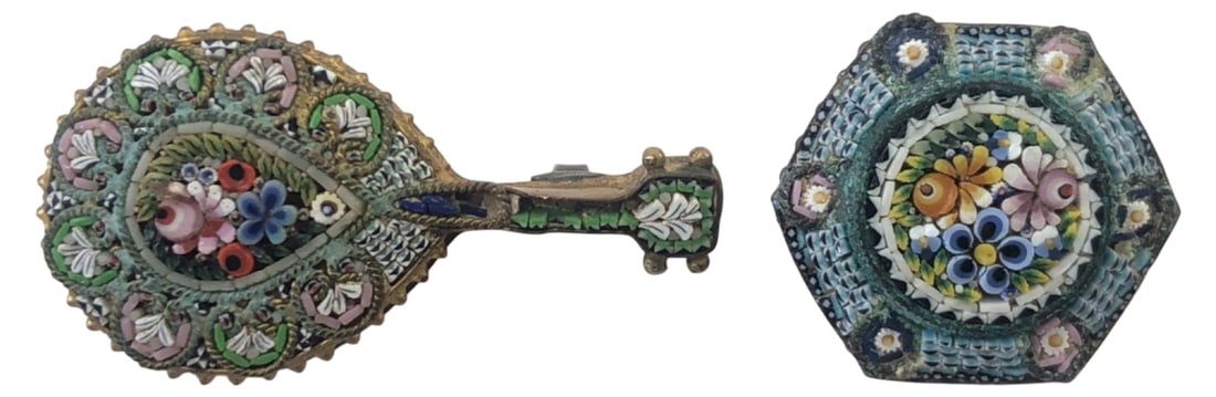 VTG Italian Micro Mosaic Lute & Hexagon Brooches: Pair of Italian micro mosaic brooches featuring intricate floral designs. Includes one lute-shaped pin and one hexagonal pin. Crafted with tiny glass tesserae set in brass-tone metal. Unmarked. Both