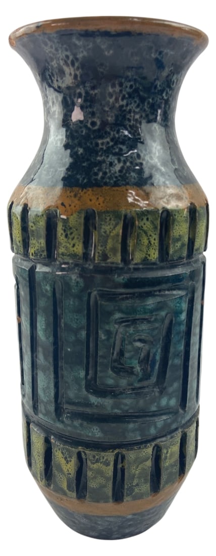 VTG Italian Ceramic Art Pottery Vase 9.5" H: Vintage mid-century modern Italian ceramic vase measuring 9.5" H. Features a textured, incised geometric design with a mottled blue, green, and brown glaze. Base is stamped "ITALY". Shows typical base