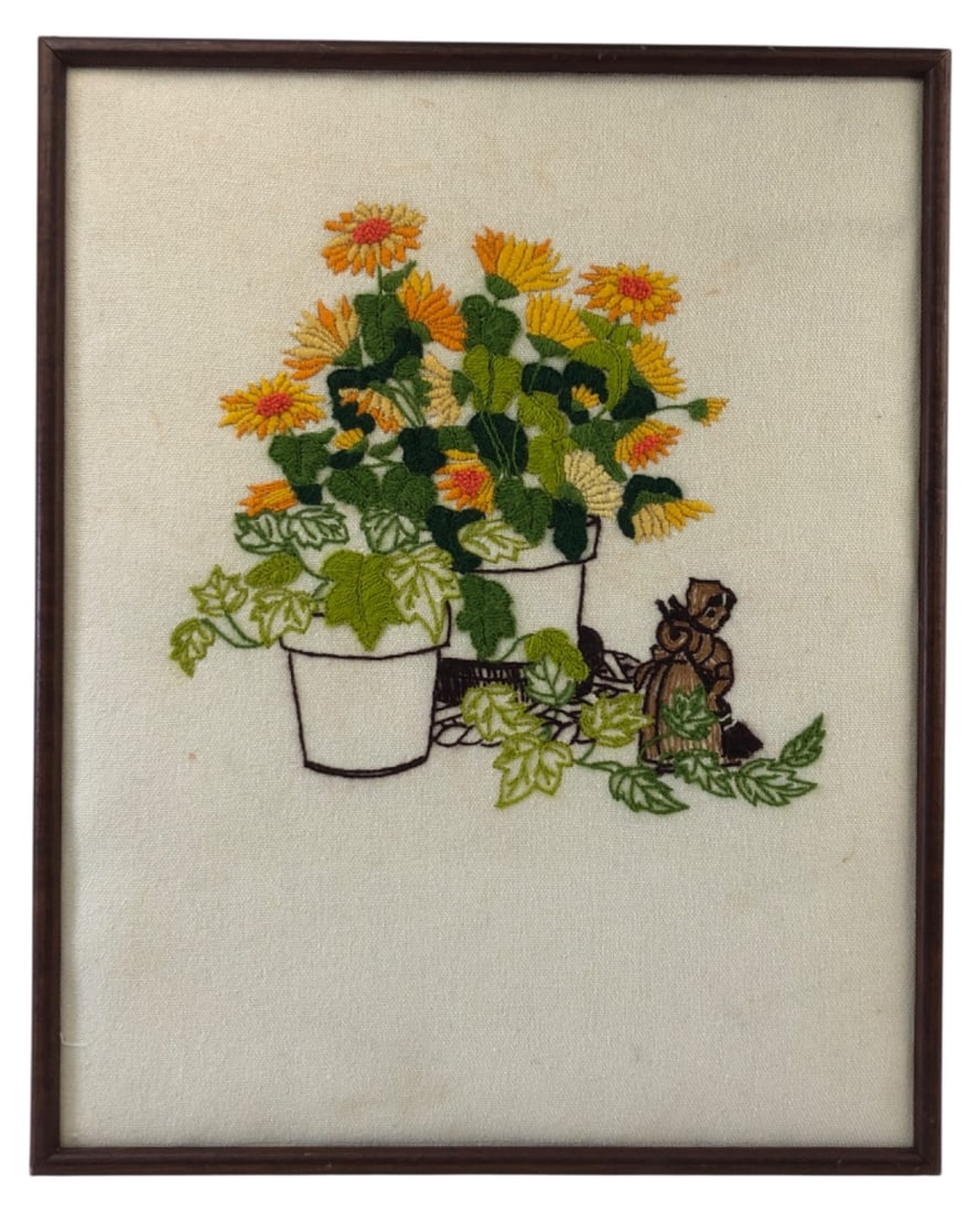 VTG Framed Floral Crewel Embroidery 16.5x20.5" (1 of 4)