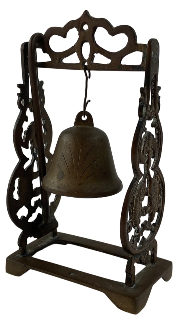 Chinese Brass Table Bell & Striker: Cast brass table bell suspended on a decorative stand with matching striker. The side panels feature pierced double carp and scroll motifs. Base is stamped "CHINA". Shows natural patina, surface