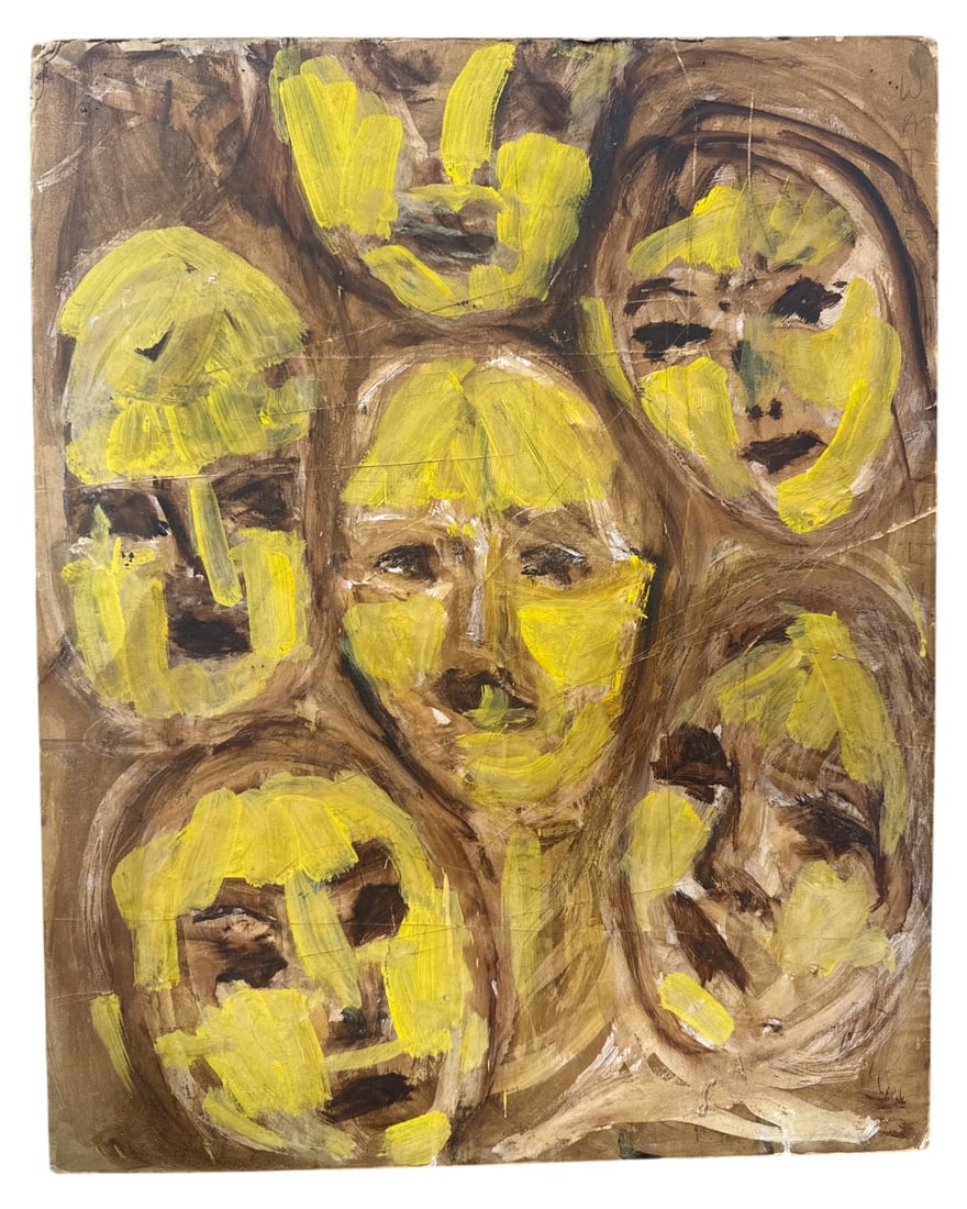 Sylvia M. Waterman Original Painting on Board: Original painting on board by Sylvia M. Waterman. Features an abstract composition of multiple faces rendered in yellow and brown tones. Unframed, 20" x 25". Surface exhibits intentional razor scratch